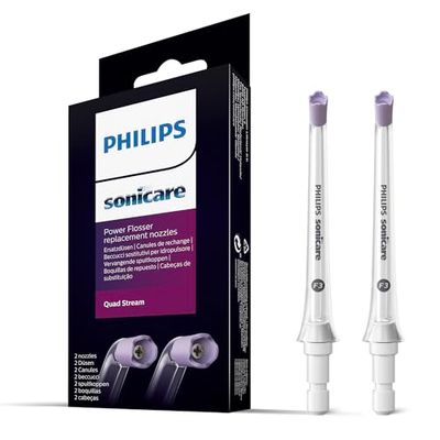 Nasadka irygatora doustnego Philips Sonicare Quad Stream F3, dwie sztuki — do czyszczenia przestrzeni między zębami za pomocą urządzenia bezprzewodowego Philips Sonicare Power Flosser model HX3062/00