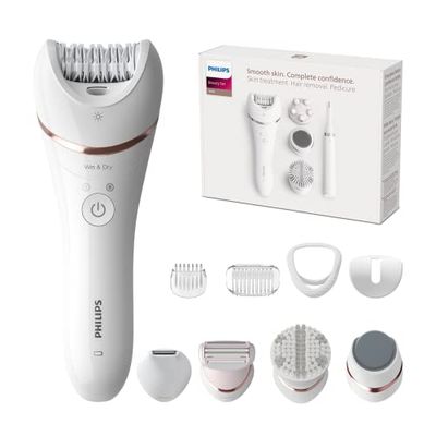 Philips Beauty Set Series 9000, All-In-One epilatore per corpo, viso e piedi, dispositivo Wet & Dry cordless per l'epilazione e la cura della pelle con 12 accessori, modello BRE740/90