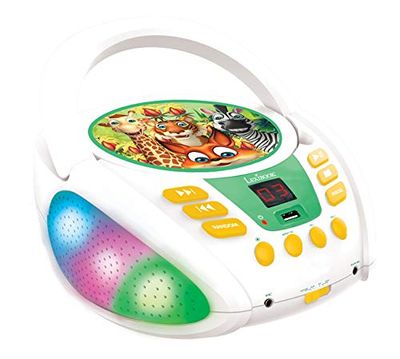 Lexibook Animaux de la jungle - Lecteur CD Bluetooth pour enfants - Portable, Effets lumineux, Prise micro, Entrée aux-in, Pile ou Secteur, Filles, Garçons, Blanc, RCD109ANX