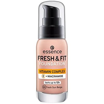 essence Cosmetics FRESH & FIT FOUNDATION, make-up, nr 40 fräsch solbeige, nude, närande, slätande, med vitaminer, naturlig, vegansk, utan parabener, mikroplastpartiklar fri (30 ml)