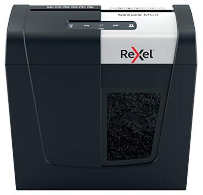 Rexel 2020128 Secure MC3 Whisper-Shred - Destructeur de Documents Coupe Micro Sécurité P5, Capacité 3 Feuilles, Corbeille 10 litres Amovible & Rexel 12 Feuilles prélubrifiées
