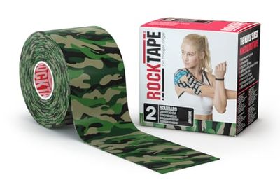 Rocktape Kinesiology Tape Athletes, Water Resistant, Reduce Pain & Injury Recovery, 5cm x 5m, Uncut, Green Camo