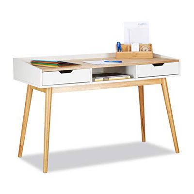 Relaxdays Bureau, Design scandinave, 2 tiroirs, Table d’Ordinateur HxLxP: env. 76 x 120 x 55 cm, Bois, Brun, Blanc/Marron, HLP
