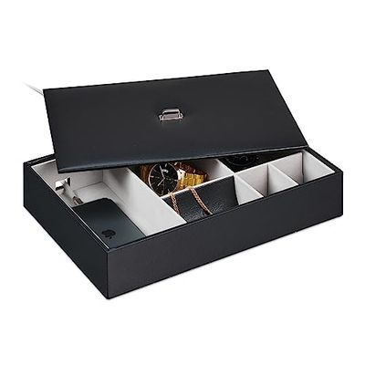 Relaxdays sieradendoos met deksel, juwelendoos met vakken, H x B x D: 7 x 32 x 22 cm, lederlook, zwart