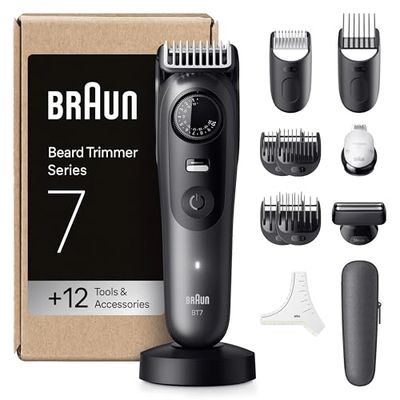 Braun Beard Trimmer Series 7, +12 Barbering Tools, Lifetime Sharp ProBlade, Up to 120 Min Runtime, 40 Lengths, Waterproof, PrecisionWheel & Lock, BT7545, Grey