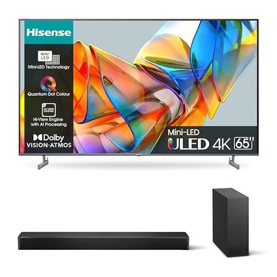 Hisense 65" ULED Mini-LED 4K 2023 65U62KQ, Smart TV VIDAA U6, Dolby Vision, HDR 10+ 4K HS2100 Soundbar 2.1, 240W, Subwoofer Sottile Esterno wireless