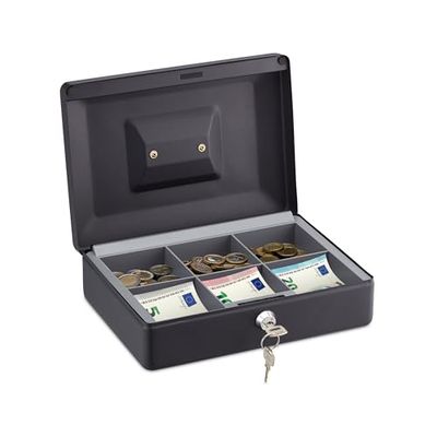 Relaxdays Caja de Dinero con Cerradura y 2 Llaves, Hierro, para Monedas y Billetes, 9 x 25 x 18 cm, Negro