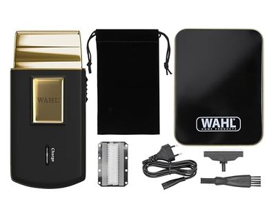 Wahl Travel Shaver Gold Edition Rasoio elettrico cordless e ricaricabile per uomo, ottimo per i viaggi, per tagliare capelli e barba, compatto e portatile