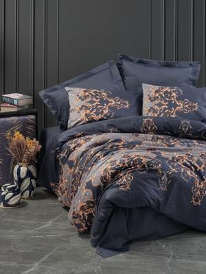 Nuit Des Rêves Luxurious Satin Quilt Cover Set (135 x 200 cm), Dark Blue & Gold, 100% Cotton, Reactive Print, Machine Washable, Button Closure, Elegant Bedding for Modern Bedrooms
