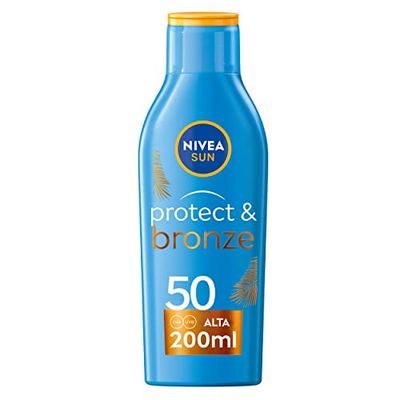NIVEA SUN Latte Solare Protect & Bronze FP 50 200 ml, Crema solare 50 per un'abbronzatura dorata, intensa e uniforme, Protezione solare 50 con attivatore di melanina