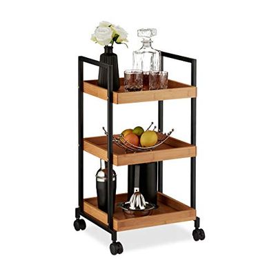 Relaxdays 10027598 Serving Trolley, Modern Kitchen Cart, Bamboo & Iron, 3 Tiers, Square, 4 Castors, 69.5 x 37 x 34 cm, Natural, Plastic, Light Brown, Black