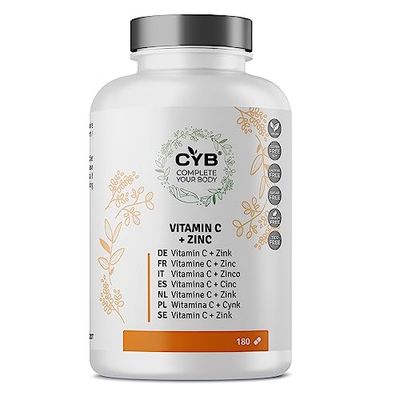 CYB | Vitamina C e Zinco Integratore Quotidiano Multivitaminico Vegano - Vitamina C 225 mg - Zinco 2,25 mg - 180 Compresse 6 Mesi di Fornitura - Vitamine e Minerali - senza Glutine né Lattosio