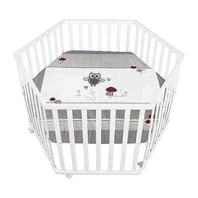 roba Parque Infantil Hexagonal Adam y Eule + Colchoneta y Ruedas con Freno - Base Ajustable en Altura - Madera Blanca