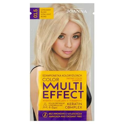 JOANNA Shampooing teinté « Multi Effect » – Shampooing colorant pour cheveux en sachet – Durée de vie 4 à 8 lavages – Coloration sans ammoniaque ni oxydants – Blond ultra clair
