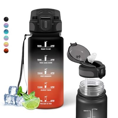 Vattenflaska för barn, 0,5 liter, vattenflaska med sugrör utan läckage, motiverande vattenflaska med tidsskala, lätt att rengöra, vattenflaska med tider för att dricka, för skolan, löpning, resor