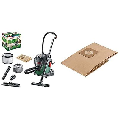 Bosch Universal Vac 15 - Aspirador en seco y húmedo, Bolsa de filtros de Papel, 1000 W y 15 l (con boquillas para Ranuras y Suelos, 2 Tubos extracción, Manguera 2.2m, Caja cartón) + Bolsa de Papel 5X