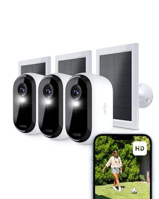 Arlo Essential 2 Camara Vigilancia WiFi Exterior + Panel Solar (3), HD, Camara Vigilancia WiFi Interior, Sensor de Movimiento, Alarmas Para Casa, Prueba Arlo Secure Incluida, 3 Cámaras, Blancas