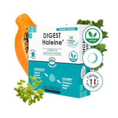NUTRIGÉE Digest Haleine | Mauvaise Haleine & Digestion | Neutralise Odeurs Buccales & Gaz Intestinaux | Papaye, Fenouil, Menthe, Anis, Persil, Champex® | 28 Comprimés | Fabriqué en France