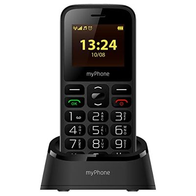Hammer H MP myPhone Halo A+, teléfono Clave, teléfono para los Abuelos, Pantalla de 1,77, batería 800 mAh, Llaves Grandes, Botón SOS, antorcha, Radio, Doble SIM, Basa de Carga, Negro