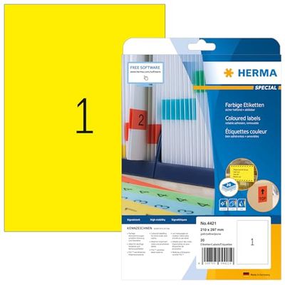 HERMA 4421 Gekleurde etiketten A4 afneembaar (210 x 297 mm, 20 velles, papier, mat) zelfklevend, bedrukbaar, verwijderbaar en opnieuw klevende kleurenlabels, 20 etiketten voor printer, geel