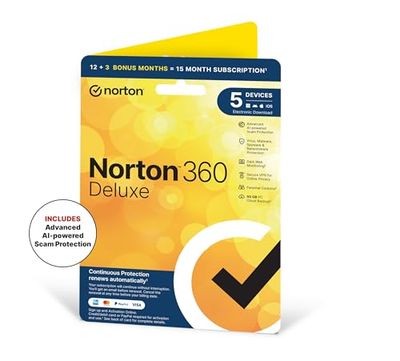 Norton 360 Deluxe 2025, Antivirus Software for 5 Devices, 50GB, 15 Month Subscription with Automatic Renewal