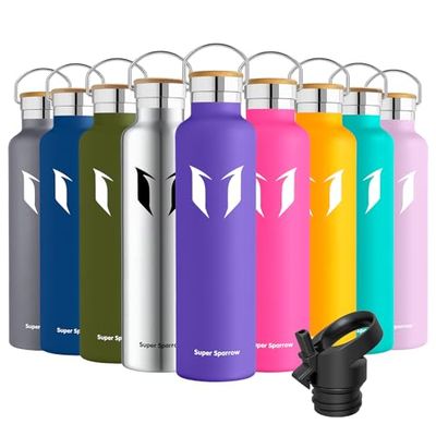 Super Sparrow Waterfles - Roestvrijstalen Drinkfles van 1000ml - BPA-vrij/Lekvrij - Thermosfles met Schroefsluiting voor Sport, Fitness, Outdoor + Sportdeksel
