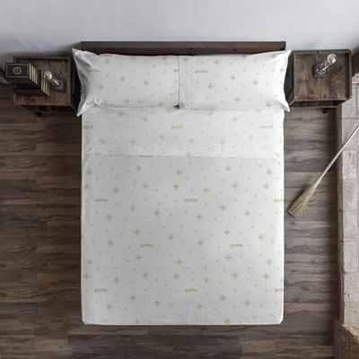 JUEGO DE SÁBANAS CON ALMOHADA Y BAJERA ESTAMPADAS 100% ALGODÓN MODELO HPOTTER STARS GOLD PARA CAMA DE 105.