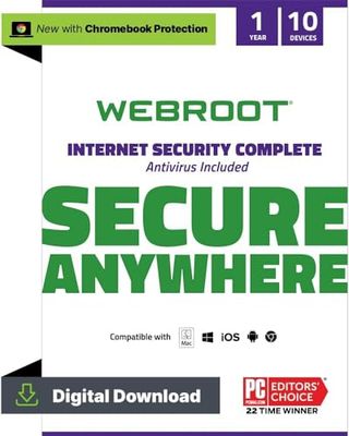 WEBROOT Internet Security Complete 2024 | Gestor de contraseñas, optimizador de rendimiento, copia en cloud | 10 dispositivos | 1 año | Mac/Windows/iOS/Android/Chrome | Código de activación por email