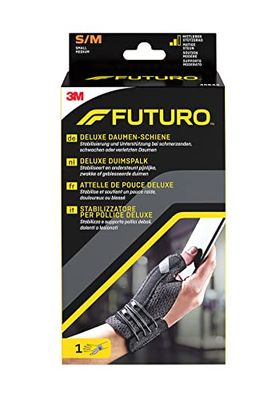 FUTURO Attelle de Pouce Deluxe, Noire (12.7 - 16.5 cm) - Stabilise et Soutient un Pouce Raide, Douloureux ou Blessé - Réglable S/M
