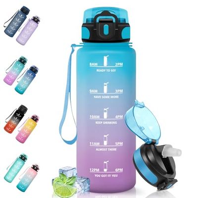 Motswedi Botella Agua, 1.5L Sin BPA, Botella Agua Gimnasio con Pajita, Reutilizable, Botella de Agua, a Prueba de Fugas, Cantimplora, Botella Gimnasio para Gym, Escuela, Yoga, Camping, Azul Morado