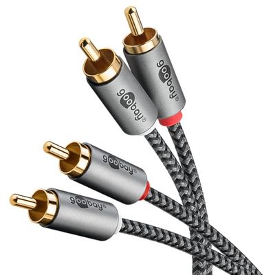 goobay 65293 Stereo RCA-kabel 2 m / 2 x RCA-stekker naar 2 x RCA-kabel/RCA-kabel voor Blu-Ray-versterker, hifi-stereo/vergulde textiel audiokabel