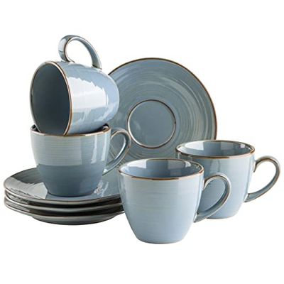 MÄSER Nottingham Lot de tasses à café vintage pour 4 personnes, avec des courbes irrégulières au look rétro, grès, bleu-gris