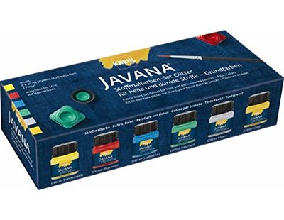 Kreul 92250 - Peinture pour Tissu Javana pour Tissus clairs et foncés, Set de Couleurs de Base, Couleur Brillante avec Effet Scintillant, caractère pâteux, 6 x 20 ML de Peinture et Un Pinceau