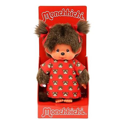 Sekiguchi- Original Monchhichi Mädchen 221295-Originale Ragazza, Figura Abito Monchichi e Fiocchi, Alta Circa 20 cm in Peluche Marrone, Cartoni, Colore Rosso, 0, 221295