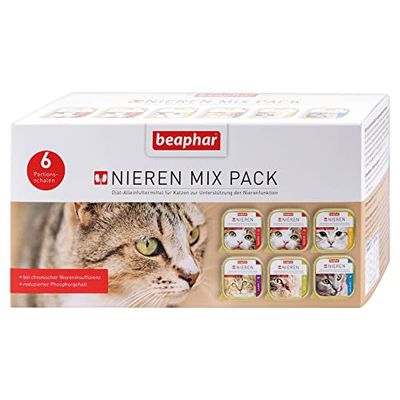 beaphar - Paquete Mixto de Dieta renal para Gatos - Alimentos dietéticos - Contenido reducido de fósforo - con valioso Aceite de salmón - Apoya la función renal - Alimentos para gourmets - 6 bandejas