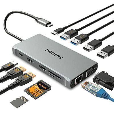 SUTOUG Docking Station USB C-hub, 12-in-1 USB C-adapter, dongle met dual HDMI, 4K, VGA, 1080P, 1000Mbps, ethernet, PD 3.0, 100W USB-C 3.0 TF/SD-kaartslot, laptop-docking voor MacBook en Windows USB-C