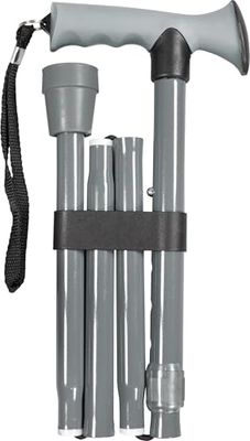 Folding Adjustable Walking Stick with Ergonomic Rubber Handle, 5 Height Settings, Lightweight Aluminum, Wrist Strap, and Non-Slip Tip. Compact for Travel. Supports up to 100kg. Grey