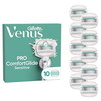 Gillette Venus Pro ComfortGlide Sensitive Women’s Blades with a Touch of Aloe, 10 Refill Blades Cartridges, Reusable Metal Handle and Shower Holder