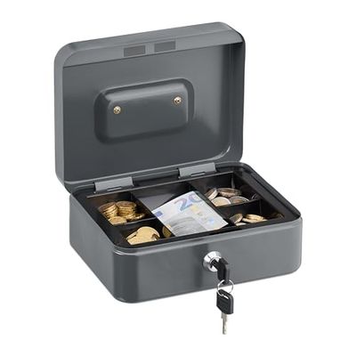 Relaxdays Caja de Dinero, Cerradura, Bandeja Extraíble, 5 Compartimentos, Cajita Hierro, 8,5 x 20 x 17 cm, Gris