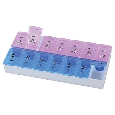 Gima - Pastillero semanal, con 7 compartimentos con los días en inglés y 2 espacios distintos para las pastillas de la mañana (violeta) y de la tarde (azul claro), de plástico resistente, 41500
