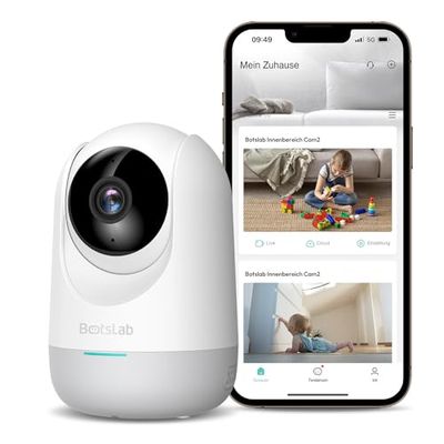BOTSLAB 2K bewakingscamera voor binnen, babyfoon met camera, 360° wifi-camerabewaking met bewegingsdetectie en geluidsherkenning, 2-weg audio, nachtzicht, compatibel met Alexa, 2,4 GHz wifi