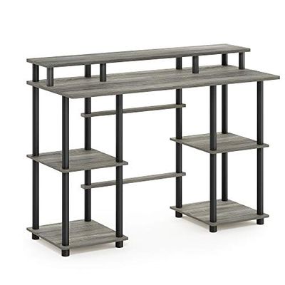FURINNO Computerbureau met bovenplank, vervaardigd hout, Frans eiken/zwart, 113 (B) x 86,1 (H) x 48 (D) cm