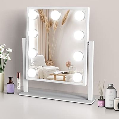 TUREWELL Hollywood make-upspiegel met verlichting, grote verlichte ijdelheid spiegel met 3 kleuren licht & 9 dimbare led lampen,Smart Touch Control Screen & 360 graden rotatie
