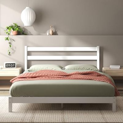 Zinus Robin Lit 140 x 200 cm - Hauteur 20 cm - Plateforme en Bambou Durable avec tête de lit - Blanc