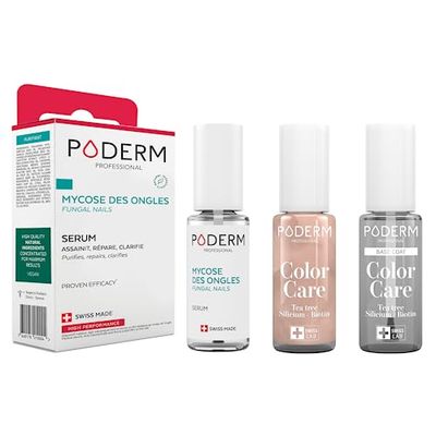 PODERM - LOT 3 PRODUITS | MYCOSE ONGLES TRAITEMENT PURIFIANT + Vernis OR BRILLANT Tea Tree + Base Coat Tenue Parfaite | Soigne, Colore et Camoufle les Ongles Jaunes et Abîmés | Swiss Made