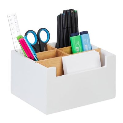 Relaxdays Organiseur de Bureau, Bambou, 5 Compartiments, ustensiles & cosmétiques, Crayons, HxLxP: 9,5x18x15 cm, Blanc