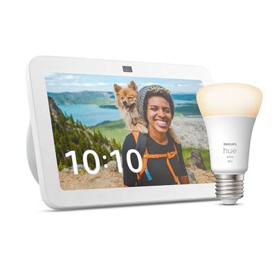 Echo Show 8 (3ª gen.) | Bianco + Philips Hue White Lampadina LED Smart (E27), compatibile con Alexa - Kit di base per Casa Intelligente