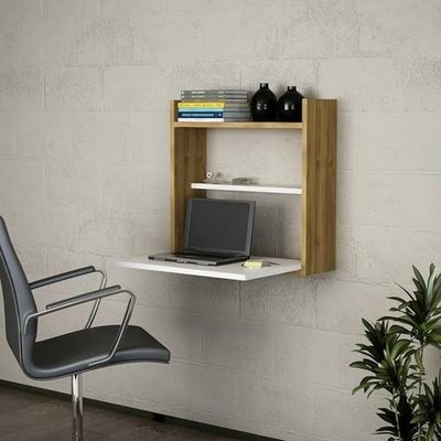 Dmora Pola Desk, Multipurpose Writing Desk, Office Table for PC Holder, Worktop, 60 x 20 x 60 cm, White and Walnut