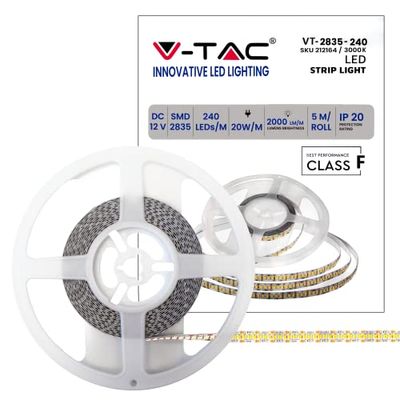 V-TAC Striscia Led da Interno SMD 2835 20W - 5 Metri - Striscia LED Adesiva per Casa, Cucina, Camera, Ambienti Interni - Luce Bianca Calda 3000K - Strisce LED Alta Luminosità - 12 Volt