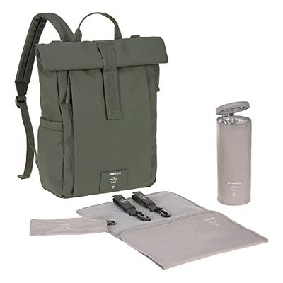 LÄSSIG Baby skötryggsäck skötväska ryggsäck med skötunderlag, barnvagnsfäste, flaskhållare hållbart tillverkad/GRE Rolltop Up Backpack olive